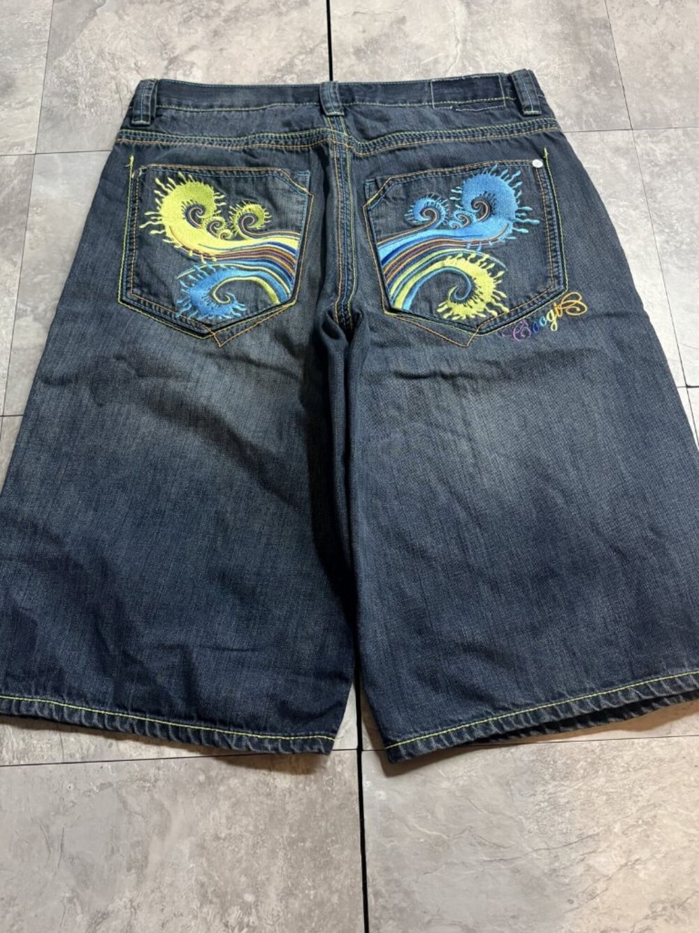 Coogi Baggy Denim Jorts 34 Blue Wave Embroidered